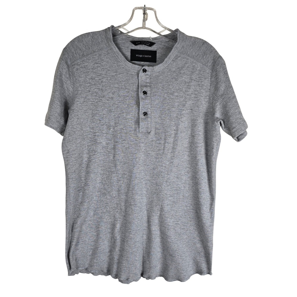 Wings +‎ Horns Gray Slub Cotton Henley Shirt Short Sleeve Made in Canada Medium